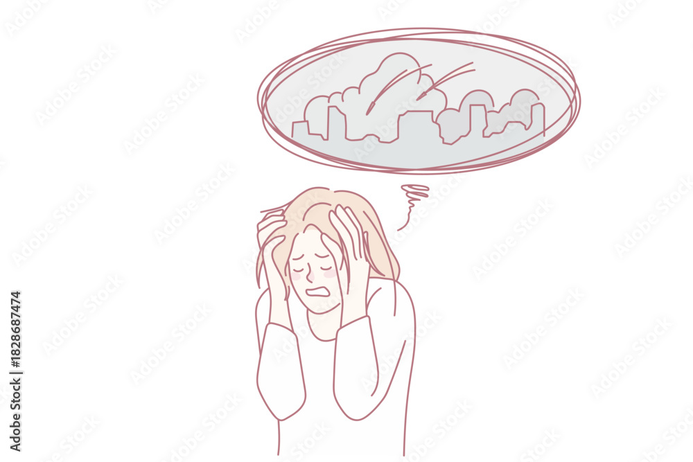 Obraz premium Unhappy woman worried about city bombings. Unhealthy stressed female think of war attack in town. Vector illustration.