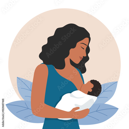 Vector illustration of a mother breastfeeding her baby in a calm, loving pose. Warm earthy tones and modern flat style. Perfect for parenting blogs, lactation support materials, maternity content