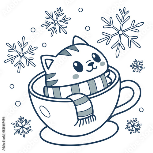 Creative SVG: Playful American Shorthair with in a teacup in a Frosty Winter colored Cozy winter theme