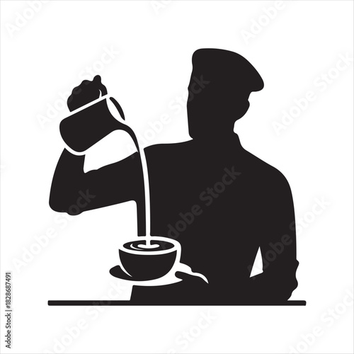 Barista Pouring Latte vector silhouette outline logo design concept illustration
