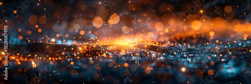 Panoramic view of a glowing nebula in deep space with vibrant orange and blue lights and bokeh effects