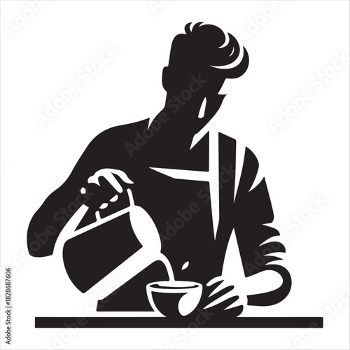 Barista Pouring Latte vector silhouette outline logo design concept illustration