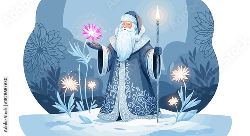 Illustration of winter wizard with glowing flower and staff in magical forest scene