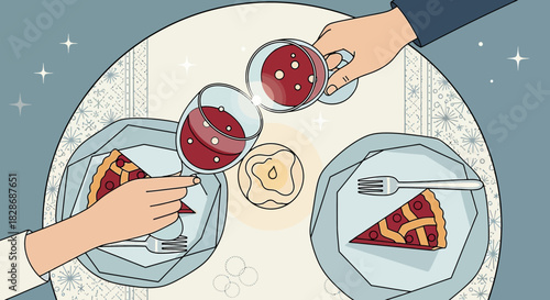Illustrative romantic dinner scene featuring dessert wine and pie slices shared between two people