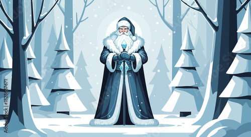 Illustrative scene depicting a winter guardian figure amidst a serene snowy forest landscape