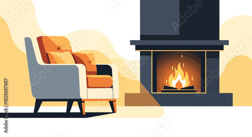 Inviting living room scene featuring a cozy armchair and a glowing fireplace illumination