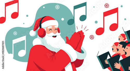 Joyful Santa Claus appreciating Christmas carols from a choir performance celebration scene