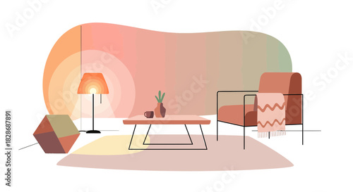 Minimalist living room illustration with warm lighting and a cozy ambiance, radiating comfort and