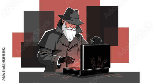 Mysterious character with a briefcase, old man in vintage detective outfit on a mission with