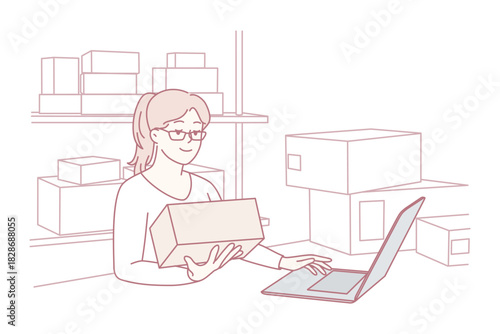seller packing orders at laptop station, filling boxes with products, printing labels and checking inventory, efficient fulfillment scene for small business with shipping supplies