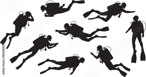 Collection of scuba divers icons in various pose