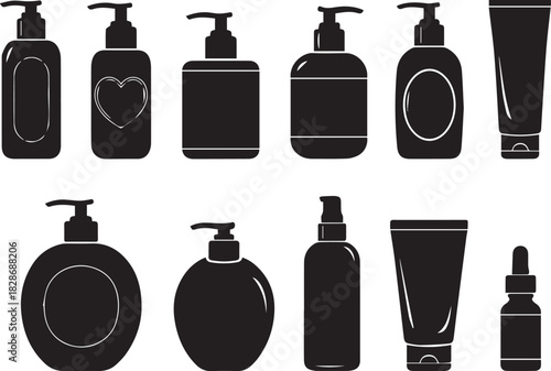 Black and white silhouette of cosmetic bottles and containers set