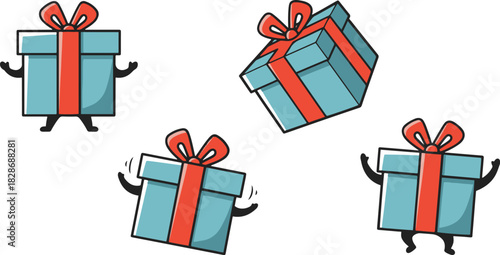 A set of four cute, anthropomorphic blue gift box characters with red ribbons, depicted in various happy poses like jumping and waving.