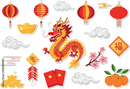 Chinese New Year Set with Dragon, Lanterns, and Decorations
