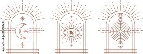 Mystical esoteric symbols set with celestial moon and all-seeing eye. Boho chic linear art design collection for spiritual and magical concepts 06.eps