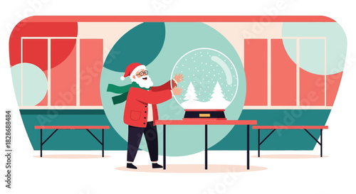 Santa Claus admiring a magical snow globe showcasing winter trees in a vibrant workshop setting