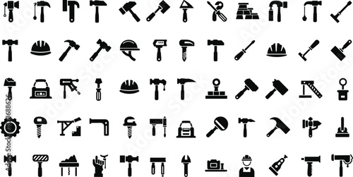 construction tools icon set, building equipment symbols, industrial repair silhouettes, hand tools collection, hardware and workshop vector illustration