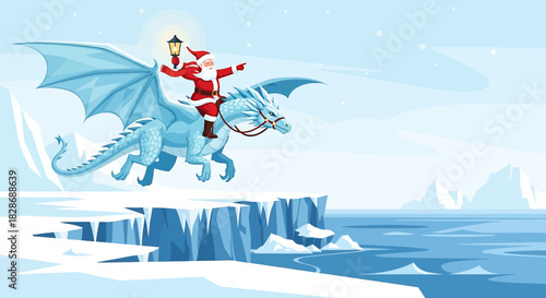 Santa Claus delivering gifts on a majestic ice dragon, winter wonderland background with icy