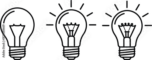 Visual progression of conceptual light bulbs, illustrating the evolving stages of an idea from inception to full brilliance and creative insight