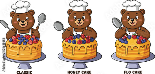 Cute bear chef decorating layered cake, pastry cartoon character with fruits, sweet dessert illustration, adorable bakery artwork