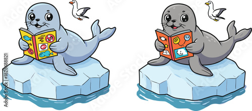 Cute cartoon seals reading colorful books on floating ice with flying seagulls, playful arctic animal illustration design