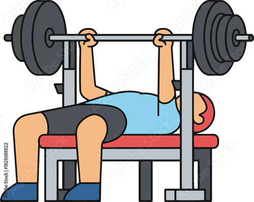A flat vector cartoon illustration of a strong man performing a bench press exercise, lifting a heavy barbell while lying on a weight bench,