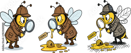 Cute detective bee characters inspecting honey evidence with magnifying glass in three illustrated styles, cartoon insect investigation scene