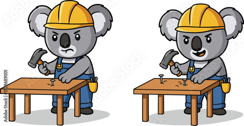 Cute koala carpenter hammering nails, funny construction koala, cartoon builder animal, woodworking mishap, adorable handyman illustration