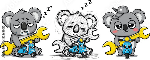 cute koala mechanic holding wrench with scooter, tired sleepy koala character illustration, adorable cartoon animal repair scene