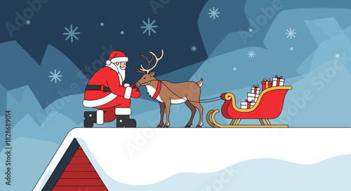 Santa Claus on the roof preparing his reindeer for Christmas with gift loaded sleigh