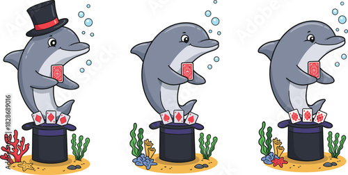 Cute magician dolphin performing card tricks underwater, cartoon magic show with playing cards, whimsical ocean illustration
