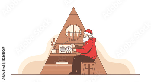 Santa Claus Relaxes in Modern Minimalist Cabin Listening to Festive Tunes on Radio