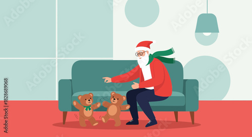 Santa Claus Relaxing on the Sofa with Dancing Teddy Bears on Christmas Eve celebration