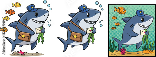cute mailman shark delivering letters underwater, cartoon sea animal character with mailbag, friendly ocean postman illustration