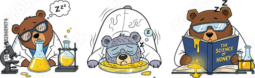 Cute sleepy bear scientist in lab coat experimenting with honey, reading science book, napping in laboratory cartoon scene