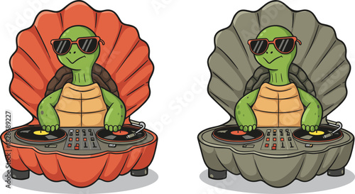 dj turtle character, funny cartoon sea turtle at turntable, beach party music illustration, seashell dj booth artwork