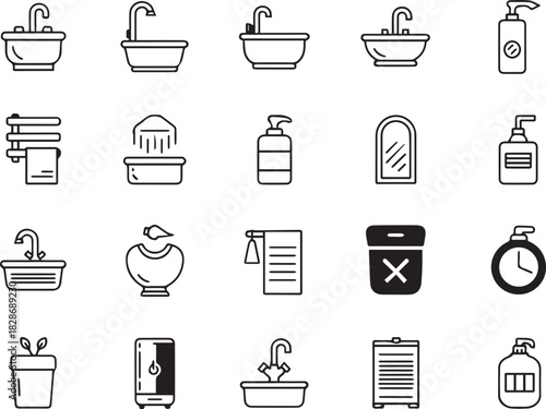 Collection of bathroom and hygiene related vector icons in outline style