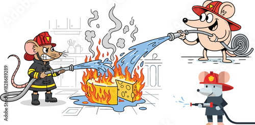 Firefighter mice spraying water to extinguish burning cheese in kitchen, cute cartoon animals in heroic fire emergency scene