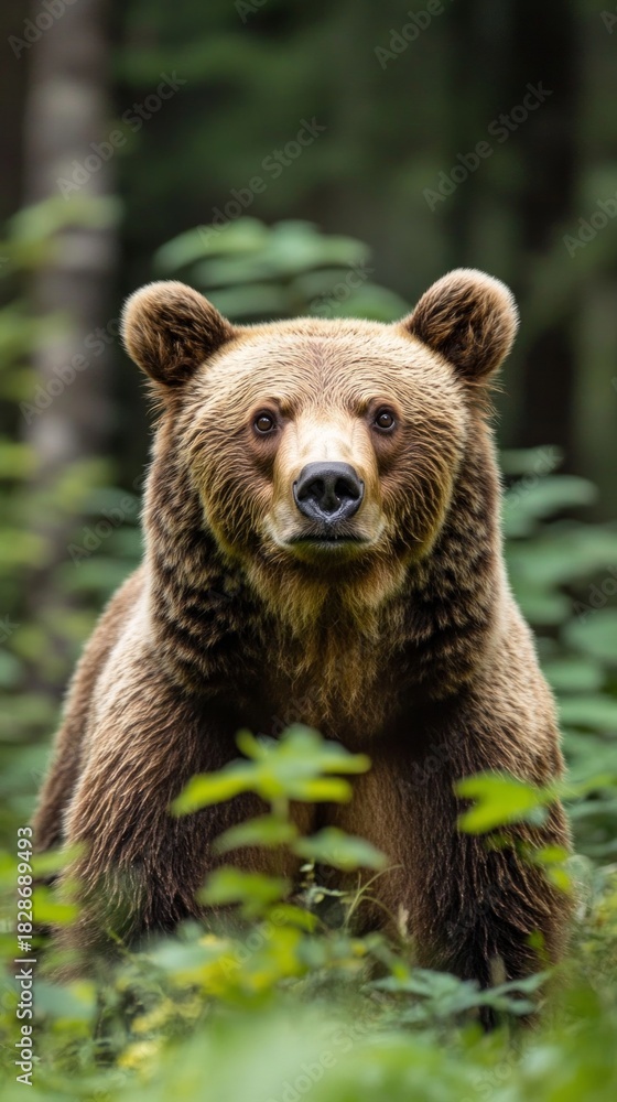Obraz premium The attentive gaze of a brown bear amid the greenery of the forest conveys the wildness of nature, making it an ideal natural backdrop for environmental campaigns and documentaries.