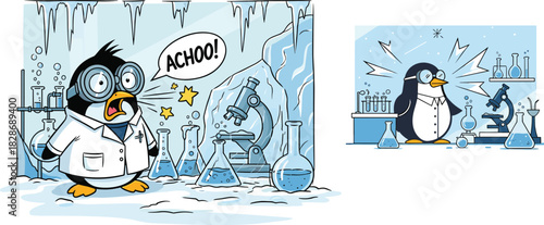 funny penguin scientist in icy laboratory, cartoon science character sneezing in cold lab, cute winter chemistry illustration