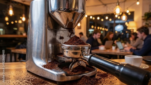 Close-up shot of coffee grinder with ground coffee in cafe.