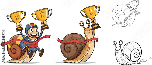 Funny racing snail champion holding trophy with racing ribbon winning competition cute cartoon character and coloring page set