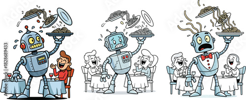 Funny robot waiters dropping spaghetti, chaotic restaurant service, cartoon robots, humor illustration, comedic dining mishap, quirky AI
