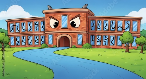 Cartoon Illustration of Scary Angry School Building with Broken Windows