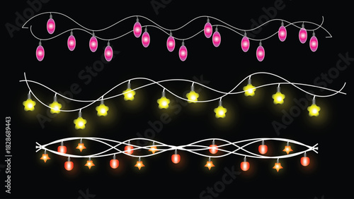 Set of String Lights Warm Lamps Garlands holiday garland with glowing light Sun; Stars and Little Bulbs Festive Decorations on Black Background Vector