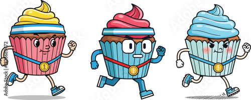 Funny running cupcakes wearing medals, cute dessert athletes racing, cartoon pastry characters in sports action illustration