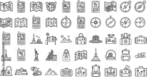 Travel and navigation icon set with maps, compasses, landmarks, luggage, tourist tools, destination symbols, and vacation elements