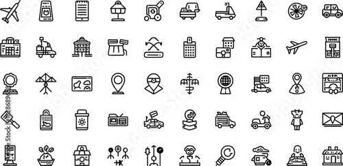 Travel and tourism icon set, airport and destination symbols, transportation graphics, vacation navigation signs, holiday journey elements
