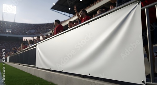 Blank White Advertising Banner Space at Sports Stadium Field Level with Fans Cheering in Background
