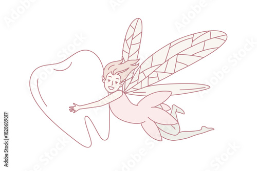 Smiling fairy flying with tooth. Happy pixy cartoon character with children teeth. Vector illustration.